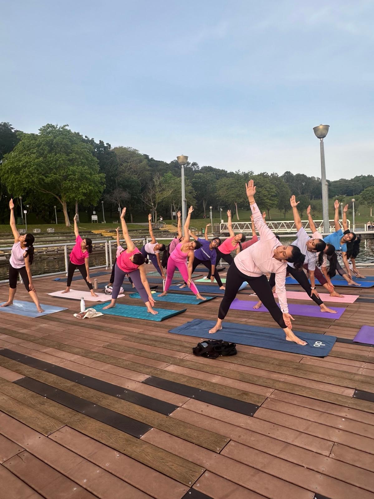 Trikonasana practice at sunrise