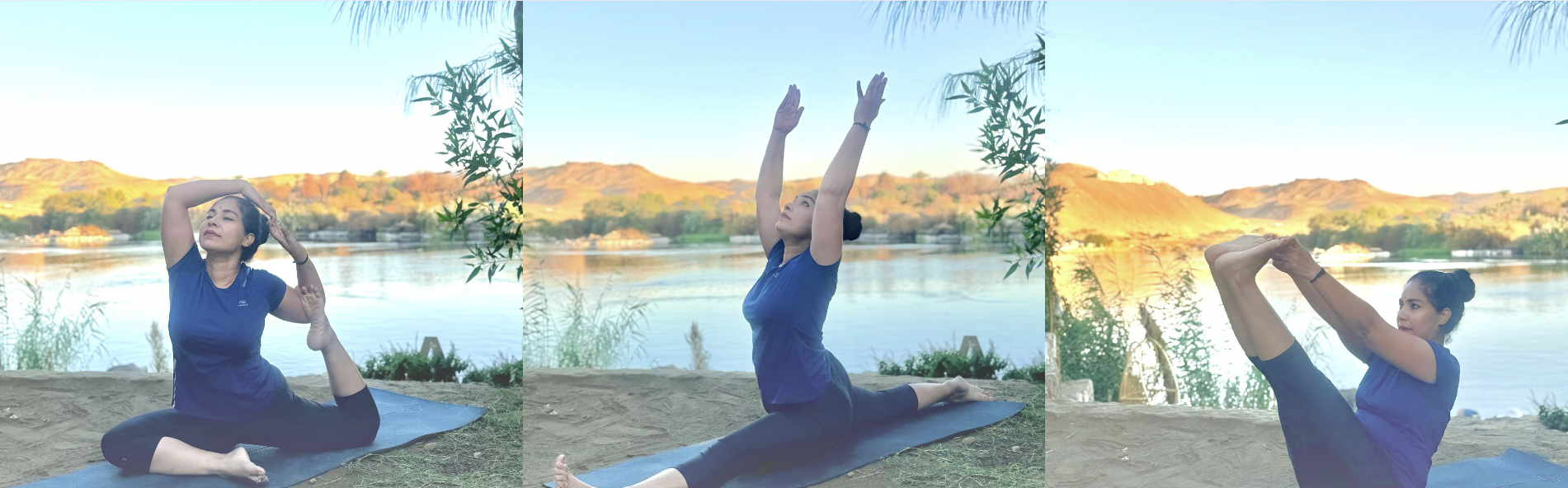Yamini flowing through seated, split and balance poses by the water at sunrise